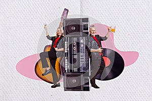 Creative collage picture of two aged mini cool people hold cocktail glass pint beer huge boombox acoustic guitar vinyl