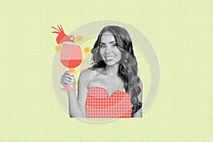 Creative collage picture young attractive smiling woman hold wine glass cheers celebrate party weekend friday drawing