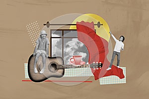 Creative collage picture young dreamy man sitting guitar player performer window curtains cup drink beverage drawing