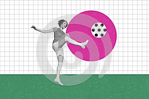 Creative collage picture young excited energetic woman play football kicking ball goal championship game match drawing