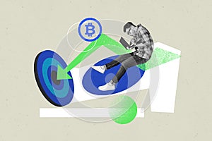 Creative collage picture young man earn cryptocurrency bitcoin virtual assets profit arrow hit target reach aim