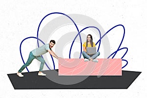 Creative collage picture young man pushing block girl remote worker laptop digital device distant job drawing background