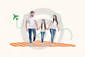 Creative collage picture young walking family members airflight plane tourist tickets travel agency promotion drawing
