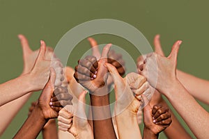 Creative collage portrait of group different people arm finger demonstrate thumb up