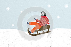 Creative collage portrait of impressed black white effect girl ride sledge snowy cold weather isolated on painted winter