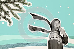 Creative collage portrait of impressed black white effect girl wind blow flying scarf pine tree branch snowfall isolated