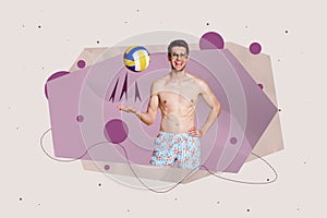 Creative collage portrait of positive cheerful guy arm throw volleyball isolated on painted white background