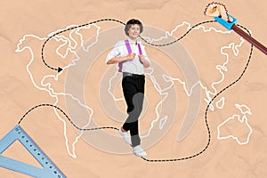 Creative collage portrait of small happy boy step go pencil sharpener triangular isolated on painted world map route