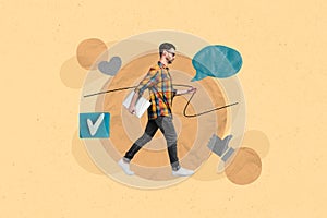 Creative collage portrait of successful guy hold netbook walk check mark icon dialogue bubble like notification isolated