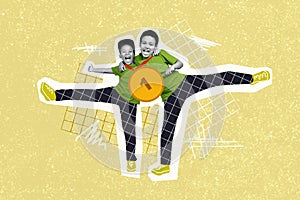 Creative collage portrait of two excited boys black white colors embrace hold first place golden medal isolated on