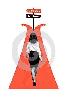 Creative collage poster banner of business lady step in career choose right wrong way