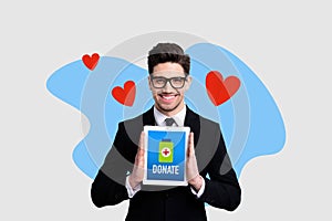 Creative collage poster illustration attractive smile charm young man hold tablet screen help humanitarian bottle