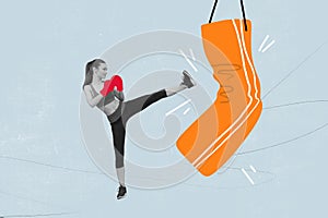 Creative collage poster image of strong lady kickboxer punch bag with leg practice