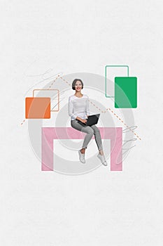 Creative collage poster sitting young happy cheerful woman freelancer holding laptop online communication forum opinion