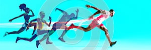 Creative collage of runners or joggers on blue background