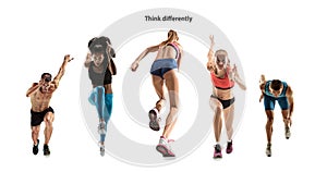 Creative collage of runners or joggers on white background