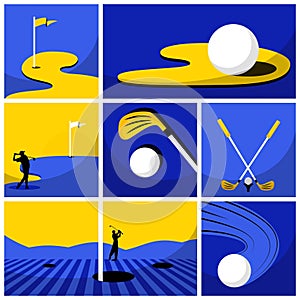 Creative collage. Set of golf items in blue and yellow colors - golfer silhouette, ball, green field and clubs