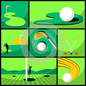 Creative collage. Set of golf items in green and yellow colors - golfer silhouette, ball, green field and clubs