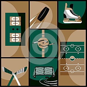 Creative collage. Set of hockey game items in green and brown colors - skates, ice rink, stick and puck, scoreboard