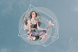 Creative collage sitting young woman meditating spiritual retreat mental rest lily beautiful flowers blossom moon planet