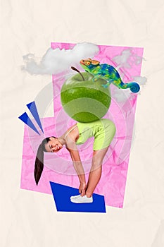 Creative collage template of lady yoga coach trainer have interactive sport video show stretching exercise with visual