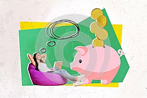 Creative collage of thoughtful business lady sitting beanbag collect money from trading emoney bitcoin piggy bank
