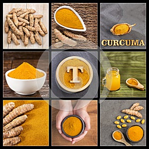 Creative collage of turmeric images - Curcuma longa