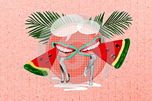 Creative collage of two black white colors girl legs big mouth bite eat watermelon candy dialogue bubble isolated on