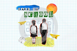 Creative collage of two black white colors kids go back to school painted building paper plane isolated on checkered