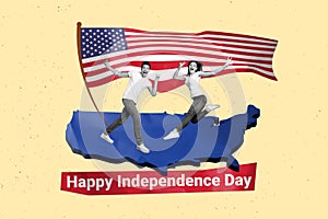 Creative collage of two black white effect people jump demonstrate v-sign america map national flag independence day