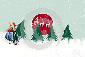 Creative collage of two excited funky partners ride sledge down hill snowfall forest painted flying reindeer isolated on