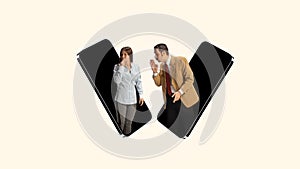 Creative collage. Two people sticking out phone screen, man whispering information to woman