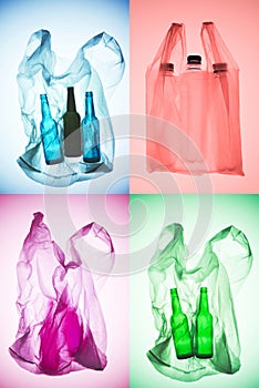 creative collage of various colorful plastic bags with bottles