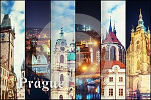 Creative collage view of the Prague architectural monuments with