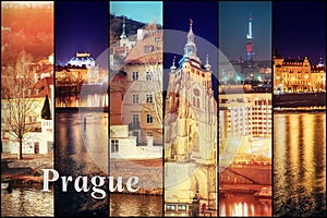 Creative collage view of the Prague architectural monuments with