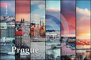 Creative collage view of the Prague architectural monuments with