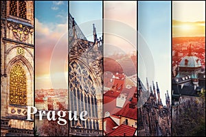 Creative collage view of the Prague architectural monuments with
