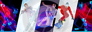 Creative collage. Winter sports. Young people, different athletes in motion during game over multicolored background in