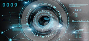 Creative collage with woman eye in process of scanning and digital interface