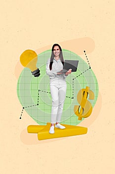 Creative collage of young business lady hold laptop financial strategy lightbulb plan emoney pointer success isolated on