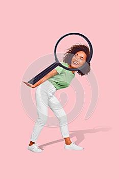 Creative collage of young funny smart girl exploring environment more knowledge focus hold magnifying glass isolated on