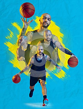 Creative collage with young male basketball player with ball over blue and yellow background. Concept of healthy