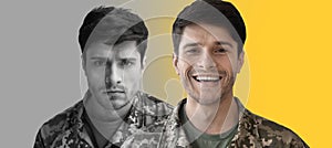 Creative Collage With Young Male Soldier Expressing Different Moods