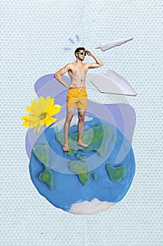 Creative collage of young man shirtless wear shorts sunglass find his girlfriend resort enjoy swimming whistle isolated