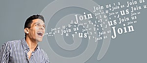 Creative collage of young man shouting join us over gray background