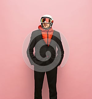 Creative collage of young man wearing jacket over sportswear isolated over pink background