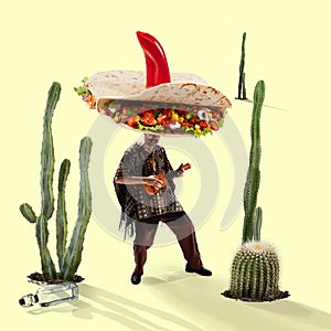 Creative collage. Young Mexican man in hat of tacos playing ukulele and drinking tequila in thickets of cacti in desert