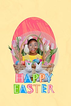 Creative collage of youngster funky girl brochure basket colored eggs sweets happy easter tulips flowers rabbit figures