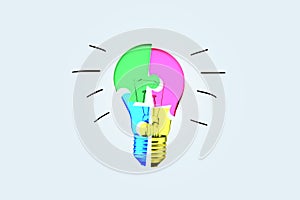 Creative colored light bulb puzzle, creative idea. Teamwork and success, concept. Creative process and project creation. Business