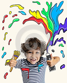 Creative colorful design. Contemporary art collage. Cheerful little boy, child dreaming to become famous artist